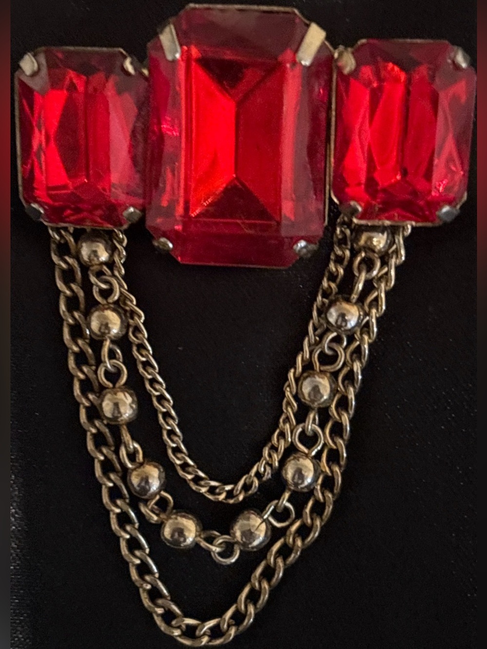 Vintage Victorian Revival Ruby Glass Rhinestone Festoon Chain Brooch Gold Tone